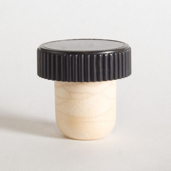 Beige synthetic cork stopper with black ribbed plastic cap